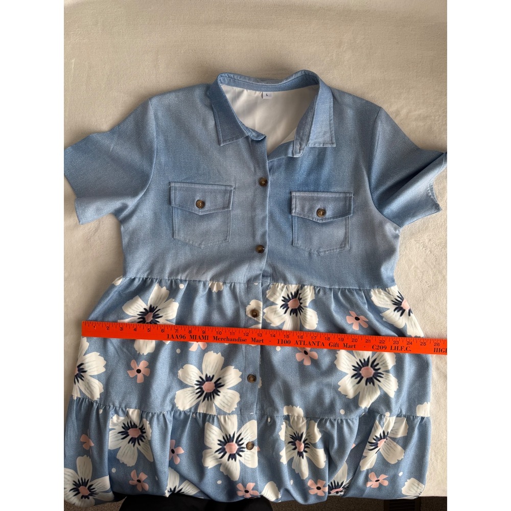 NWOT Womens Shirt Maxi Dress Large Blue Faux Denim Pink Floral Shein Cottagecore - Picture 11 of 11
